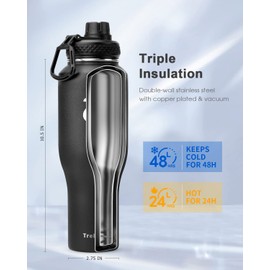 Trebo 40 oz Insulated Water Bottle that Fits in Car Cup Holder,Triple Wall Stainless Steel Water Bottles Insulated,LeakProof,Keep 48 hrs Cold & 24 hrs Hot,Metal Tumbler with Paracord Handle,Straw