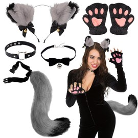 Pack of 5 Black Cat Costume Set, Plush Faux Fur Fox Wolf Tail Kit with Headband, Cat Ears, Collar, Plush Gloves, Tail for Women, Carnival, Cosplay, Fancy Dress Party