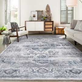 xilixili 4x6 Area Rugs with Non Slip Backing - Stain Resistant Washable Rugs for Living Room，Bedroom & Dining Room，Vintage Printed Home Decor Rug (Blue/Grey,4'x6')