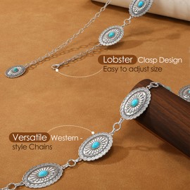 VONMELLI Western Belts for Woman Cowgirl Boho Concho Chain Waist Belt for Country Concert Dresses Jeans Turquoise Blue M