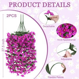 Artificial Bougainvillea Flowers Plants for Outdoors Decoration, 2 Pcs Faux Silk Hanging Flowers Long Trailing Fake Vines for Front Door Porch Planter Balcony Patio Summer Spring Home Decor, Fuchsia