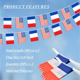Yingnner 2 Pack American French Flag Banner, 60 Feet Friendship Garland, 40 Pieces, 5x8 Inch