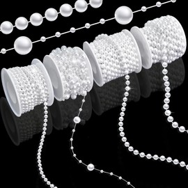 Towenm 4 Rolls 76 Feet Pearls Garland, Faux Pearl Beads Roll Strand, 4mm 6mm 8mm Artificial Pearls Chain Trim, 3-8mm Fishing line Pearls Strings for Crafts Wedding Christmas Decoration, White