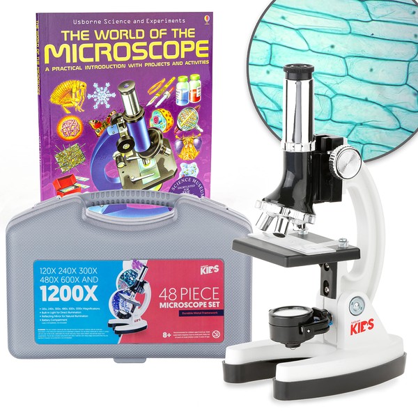 AmScope 1200X 48-pcs Kids Student Beginner Microscope Kit with Slides, LED Light, Carrying Box and Book The World of The Microscope