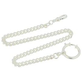 Pocket Watch Chain Genuine 925 Silver for Pocket Watches, 30 cm Long Flat Curb 5 mm with Spring Ring and Rotating Carabiner, Vintage