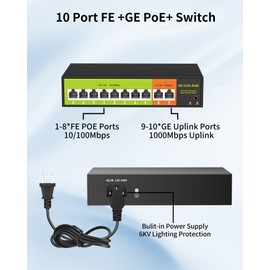 [Upgrade] POE Switch with 2 gigabit Uplink, 8 Ports 100Mbps PoE+ Switch, IEEE802.3af/at, 120W , Network Hub, Unmanaged, Suitable for IP Cameras, Home & Office. (8 Port poe Switch|gigabit uplink)