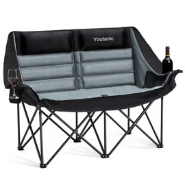 Youtanic Oversized Camping Chair, Double Folding Loveseat Camping Couch with Pocket, Cup Holder and Carry Bag, Heavy Duty Portable Camping Chairs for Adults, Fishing, Sports, Trip, up to 660lbs, Black