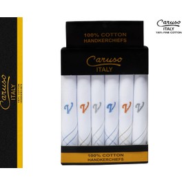 Caruso Italy Men's Initial Monogram F Embroidery 100% Pure Cotton Handkerchief White Base With Colored Border - Pack Of 6