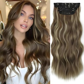 SiiBella Clip In Hair Extensions, 6PCS Thick Natural Long Hair, 22INCH Ashy Brown with Golden Blonde Highlights Hairpieces for Women & ALL Ages