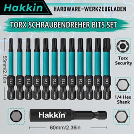 Torx Bit Set Long Hakkin 12 Pieces 55 mm Torx Screwdriver Set Bits Set Bit Set for Cordless Screwdriver 1/4 Inch Magnetic Bits S2 Bit Set Long with Bit Extension T10 T15 T20 T25 T27 T30 T40
