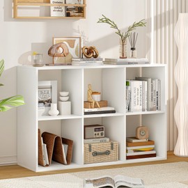 SILKYDRY 6 Cube Storage Organizer, 2 Tier Floor Standing Bookcase with Anti-Toppling Kits, Wooden Open Display Shelf for Living Room, Bedroom, Study, White Bookshelf with Open Back