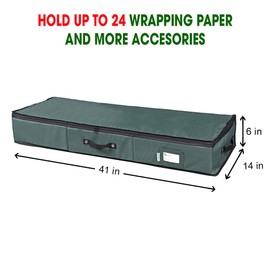 Primode Wrapping Paper Storage Container | Gift Wrap Organizer Under Bed | 41”x14”x6” | Box Holder for 18-24 Rolls Up to 40” | 600D Oxford Material | Pockets for Ribbon, Bows, and Accessories (Green)