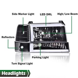 LQI LED DRL Headlights, Compatible with 1992-1996 Ford Bronco F150/ 92-97 F250 F350 Super Duty w/Corner Signal 6pc Clear lens Black Housing Clear Reflector