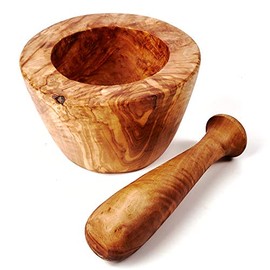 Mortar and Pestle Olive Wood Smooth Edge 14 cm Diameter