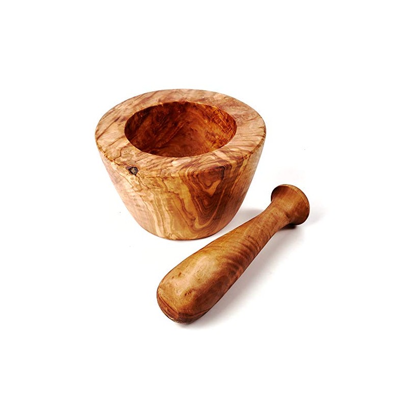 Mortar and Pestle Olive Wood Smooth Edge 14 cm Diameter