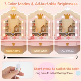 Costzon Kids Vanity with Lights, Girls Vanity Set with Mirror and Stool, Drawer, 2 in 1 Princess Makeup Desk Dressing Table, Toddler Vanity, Pretend Play Kids Vanity Table and Chair Set (Pink)