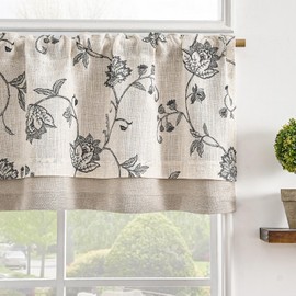 jinchan Linen Blend Rustic Black Floral Valance Double Layer Blackout Valance 18 Inch Cottagecore Farmhouse Window Treatment Decor for Kitchen Bedroom Living Room Rod Pocket 1 Panel Black on Beige