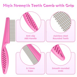 Flea Comb for Cats Dogs, 6 Pack Pet Lice Comb Set Pet Grooming Pets for Small, Medium & Large Pets（Pink）