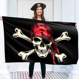 Pirate Flag – Jolly Roger Flag Red Bandana – Funny Flag – 110Den polyester - Double Seam - 2 brass eyelets, large 5ft x 3ft