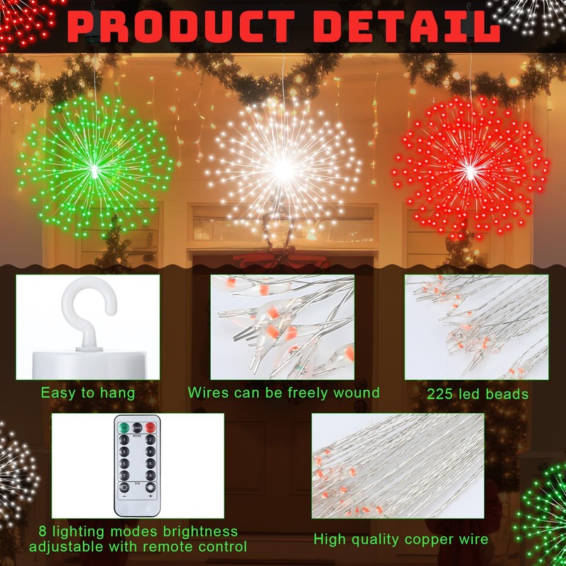 Tujoe 6 Pack Firework Lights 225 LED Copper Wire Battery