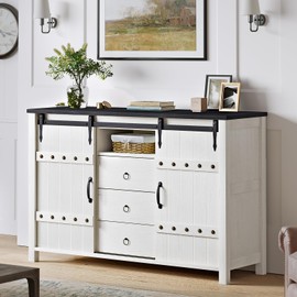 REAHOME Buffet Cabinet with Storage, 48" Sideboard Buffet Cabinet with Sliding Barn Doors & 3 Drawers, Farmhouse Wood Coffee Bar Cabinet Buffet Table for Kitchen, Dining Room,Living Room, White