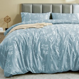 MUXHOMO Duvet Cover Queen Size, Reversible Floral Light Purple Duvet Cover Set with Zipper Closure, 3 Pieces Botanical Patterns Soft Microfiber Bedding Set with 4 Ties (90"x90", 2 Pillow Cases)