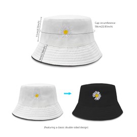 Bucket Hat, Print Bucket Hat Daisy Embroidery Summer Fisherman Hat Double-Side Ladies Bucket Sun Hat Foldable Fisherman Hat for Summer Hiking Camping Traveling Fishing A4-CJSMM (Black/White)