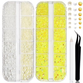 RODAKY 2 Boxes Flatback Pearls and Rhinestones for Crafting,Mixed Size Lemon Yellow AB Resin Jelly Rhinestone for Nail Gems Bedazzling,White &Beige Half Pearl for Nail Jewelry DIY Nail Art Decoration