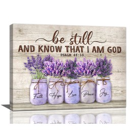 Farmhouse Lavender Bathroom Flower Decor Wall Art Be Still And Know That I Am God Rustic Floral Purple Pictures Wall Decor Christian Religion Canvas Painting Prints Artwork Framed for Bedroom 16"x12"