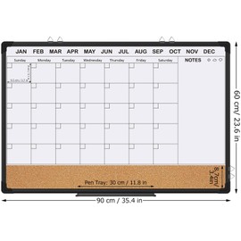 EAONE Monthly Calendar Whiteboard and Cork Board Combo for Wall 36" X 24", Double-Sided Magnetic Dry Erase Calendar White Board, Black Aluminum Frame for Office,Classroom,Kitchen,Home