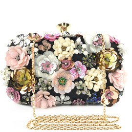 Women's Sequins Floral Wedding Party Clutch and Chain Strap Shoulder Bag Evening bag, Black
