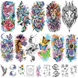 77 Sheets Temporary Tattoo, 17 Sheets Half Arm Lion Owl Antelope Rose Butterfly Constellation Chest Tattoos for Adults Men Women, 60 Sheets Small Tattoos Stickers for Boys Girls Kids Body Art Design
