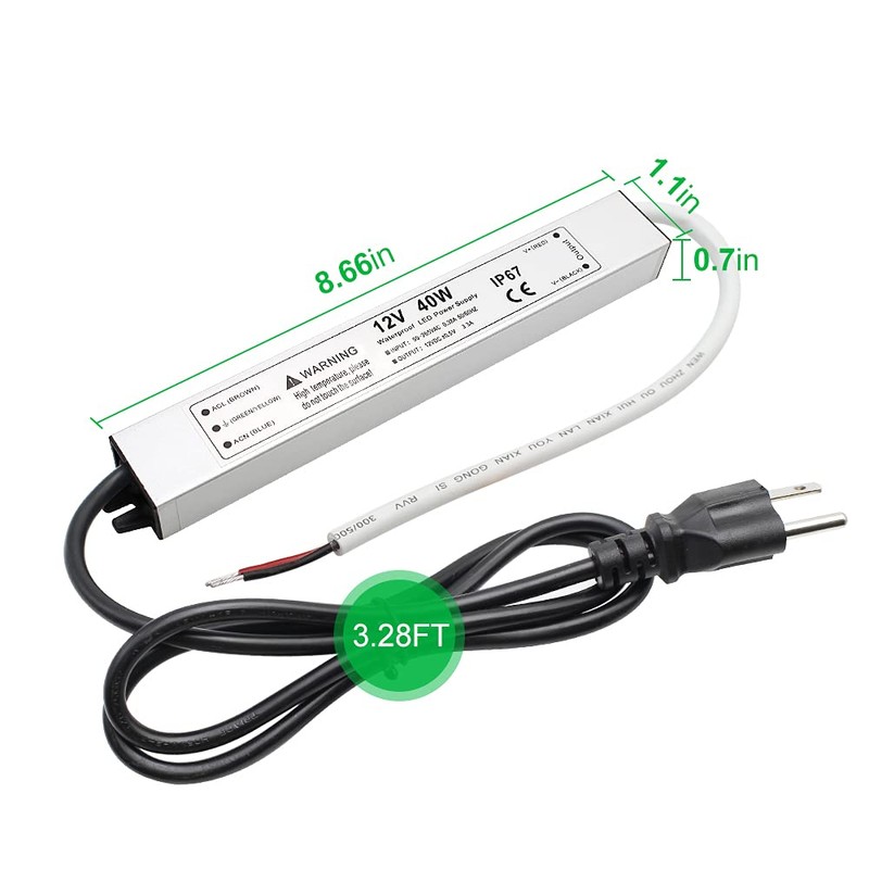 40W 12 Volt LED Power Supply, Waterproof IP67 LED Driver,