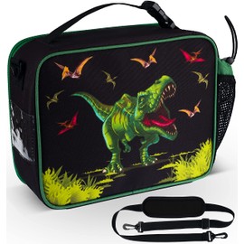 HeavenlyUnicorns Insulated Dinosaur Kids Lunch Bag for Boys & Girls with Bottle Holder, Carry handle & Shoulder Strap, Kids Lunch Box Portable Thermal Tote Cooler Bag for School Picnic Outdoor or Work