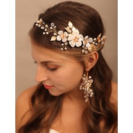 BERYUAN Women White Flowers Gold Leaves Pearls Rhinestone Wedding Hair Vine Princess Pearls Rhinestone Bride Hairpiece Gold Wedding Hair Accessory Gold Bridal Headpiece for Wedding for Women Girls