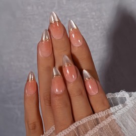 KQueenest Glitter Gold French Tip Press On Nails Short Medium Almond, 30 Pcs Cat Eye Press On Nails with Gold Lines, Bling Sparkly Fake Nails With Glue, Luxury Reusable Stick on Nail for Women Gift