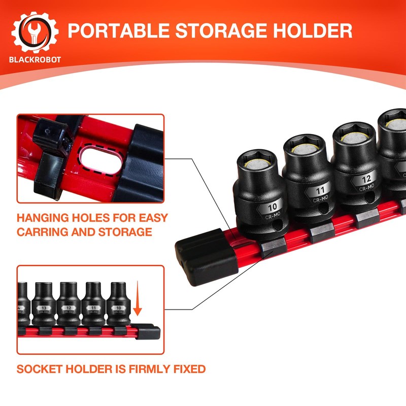 BLACKROBOT 1/2" Drive Magnetic Impact Socket Set, 15-Piece Shallow Socket