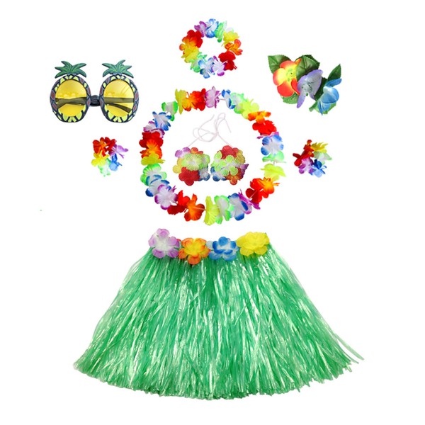 YWKJDDM 8 Pcs Hawaiian Hula Skirt Costume Set, 40cm Hawaiian