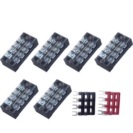 CEEYSEE 12pcs (6 Set) 4 Positions Dual Rows Covered Screw Terminal Block 600V 25A + 6Pcs 4 Positions Pre-Insulated Black/Red Fork Terminal Barrier Strip 400V 25A(TB2504)