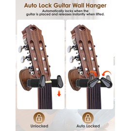 gliship Guitar Wall Mounts, Black Walnut Wood Guitar Holder with Auto Lock Design 30 lbs High Load Capacity Guitar Wall Hook Adjustable Swivel Hook Guitar Hangers for Electric Bass Ukulele (2Pack)