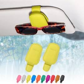 quipuda Pack of 2 Glasses Holders for Car Sun Visor, Genuine Leather Car Visor Accessories, Sunglasses Holder, Magnetic Sunglasses Holder, Ticket Clip (Yellow)