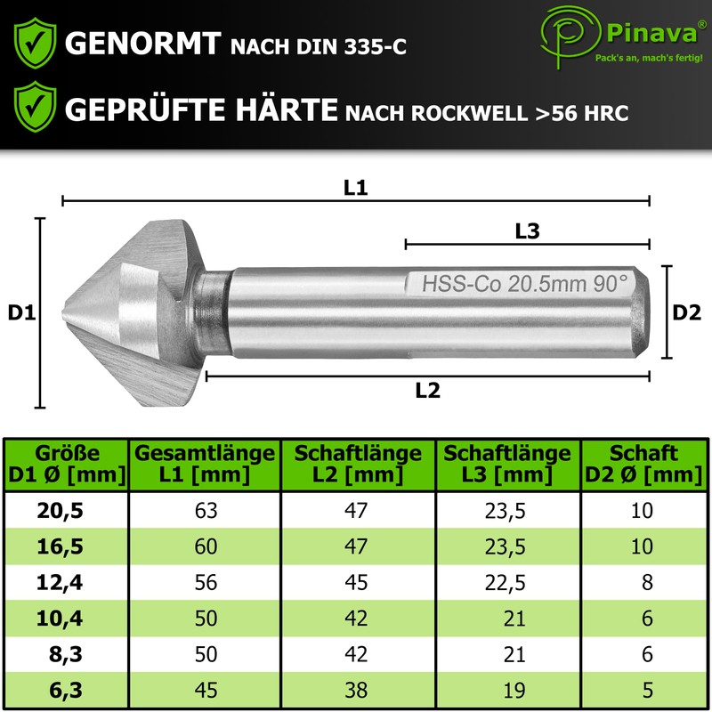 Pinava® Countersink Set HSS Cobalt Pro [3-Surface Shaft for Bomb-proof