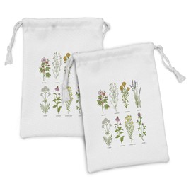 Ambesonne Herb Fabric Pouch Set of 2, Natural Cosmetics Flowers with Names Dog-rose Chamomile Calendula Lavender, Small Drawstring Bag for Toiletries Masks and Favors, 9" x 6", Multicolor