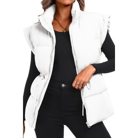 ELLEVEN Womens Puffer Vest Stand Collar Flysleeve Oversized Sleeveless Puffy Quilted Vest Woman Casual Warm Ladies Long Coats Padded Lightweight Winter Spring Fall Baggy White Medium