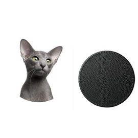 Set Of 4 Oriental Cat Pet Family Synthetic Leather Round Coasters And Gift Box