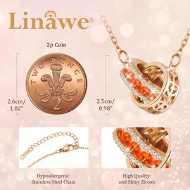 Linawe Orange Interlocking Circle Pendant Necklace for Women, Rose Gold Moissanite Imitation Diamond Crystal Birthstone Rhinestone Cubic Zirconia Stainless Steel Chain Necklaces