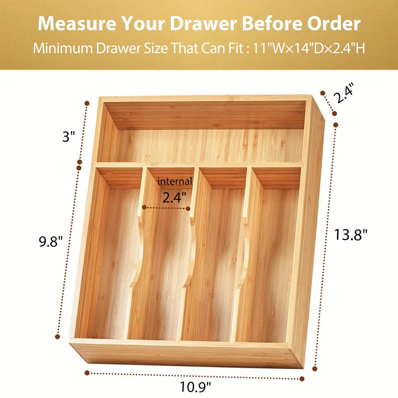 Umilife Bamboo Kitchen Drawer Organizer, 11 Inch Silverware Utensils Tray