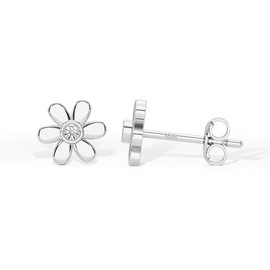 Heather Needham Silver Flower Stud Earrings with Centre Cubic Zirconia in Rhodium Plated Sterling Silver - Flower Earrings - 8mm x 2.1mm thick - Gift Boxed 092