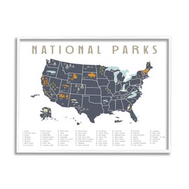 Stupell Industries National Parks United States Adventure Map Blue White, Designed by Daphne Polselli Framed Wall Art, 20 x 16
