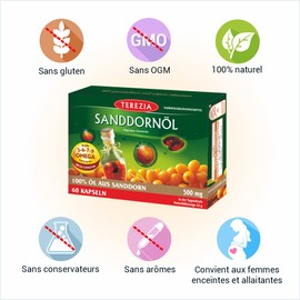 TEREZIA Sea Buckthorn Oil Capsules - 100% Pure and Natural Sea Buckthorn Oil, Contains Omega 3-6-7-9 and Beta Carotene / No Additives - 500mg - 60 Softgel Capsules